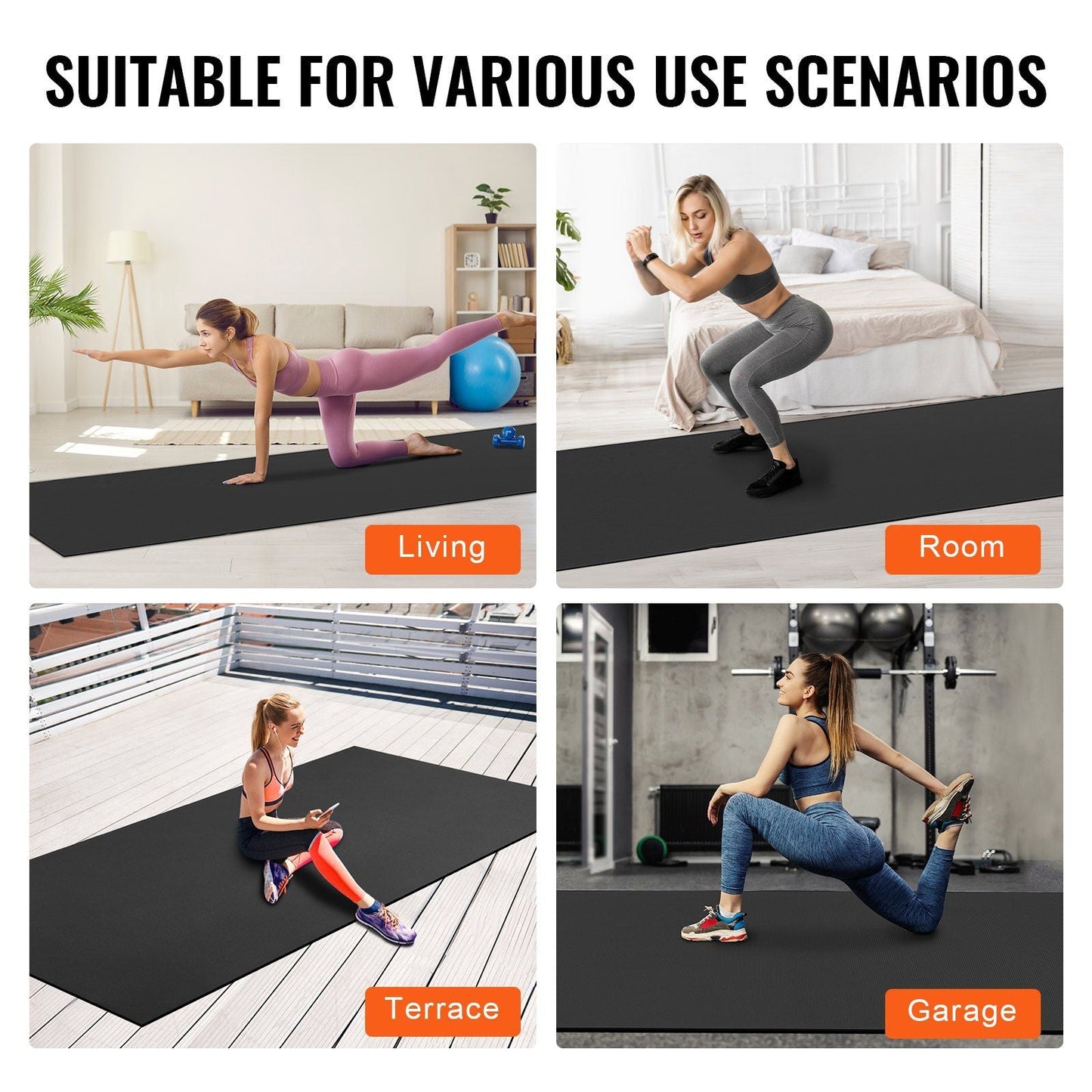 VEVOR Exercise Mat, Non Slip High Density Premium Yoga Mat, Exercise Yoga Mat for Men Women, Fitness & Exercise Mat with Bag & Carry Strap, for All Types of Home Yoga, Pilate & Floor Workout (12x6ft)